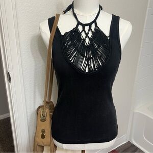 NWT Free People black crochet neck tank top solid basic goth boho bohemian cute